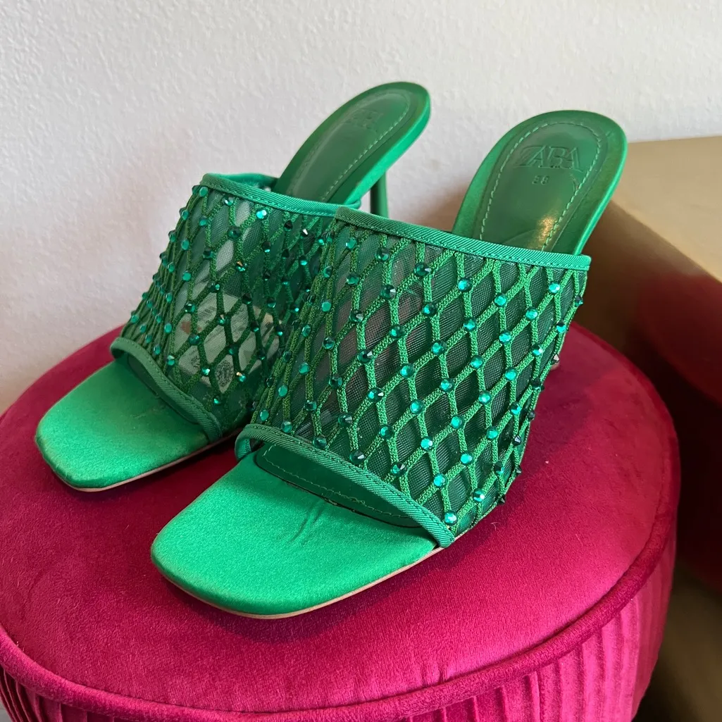 NWT Zara Green Square Toe Rhinestone Mesh Mule Stiletto Heels - Image 9