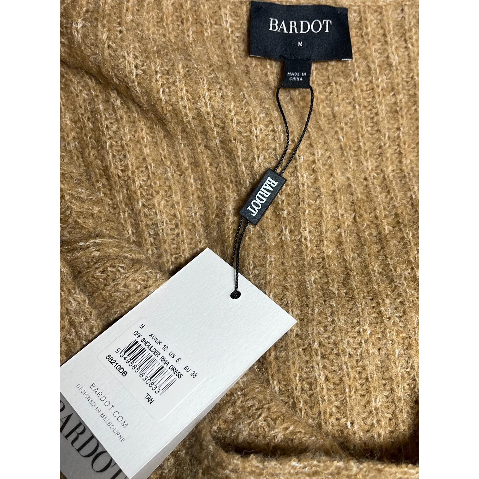 NEW Bardot Rhia Brown Wool Off Shoulder Long Sleeve Knit Midi Sweater Dress Sz M - Image 3