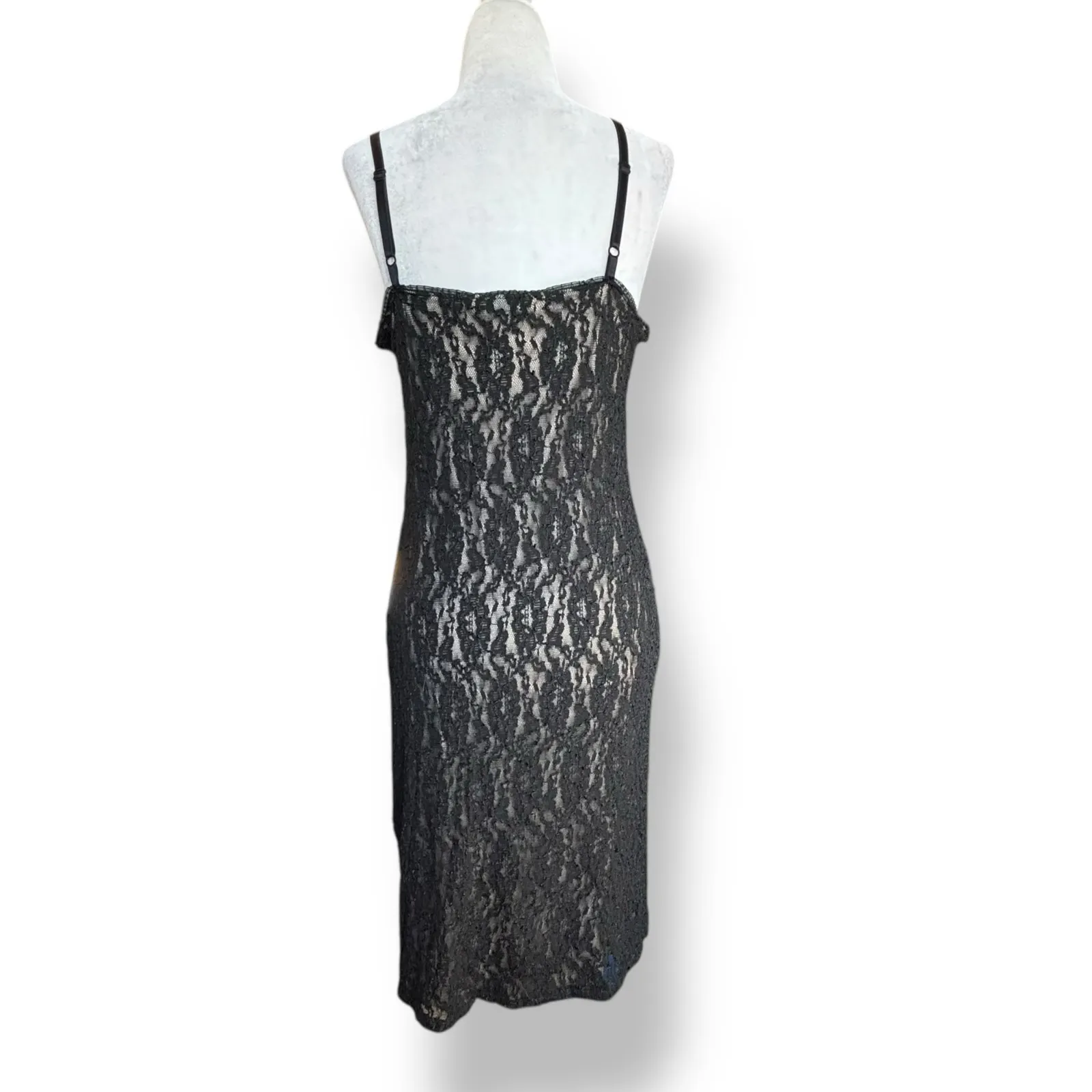 Vintage 90s Express Black Lace Slip Dress Nude Lined USA Made Medium Romantic - Image 5
