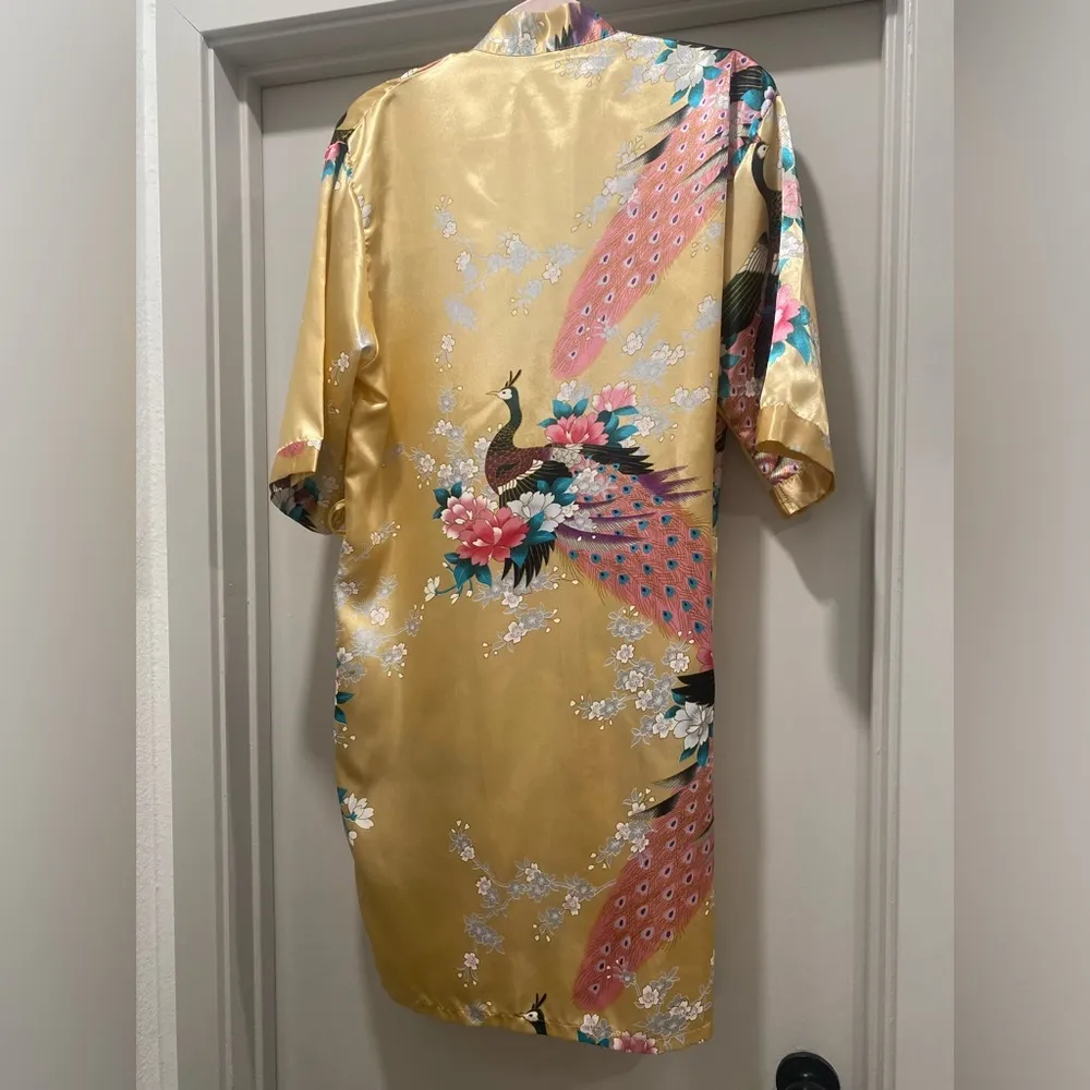 VTG 80s 90s Cream Champagne & Pink Peacock Floral Print Kimono Robe Bathrobe - M - Image 10