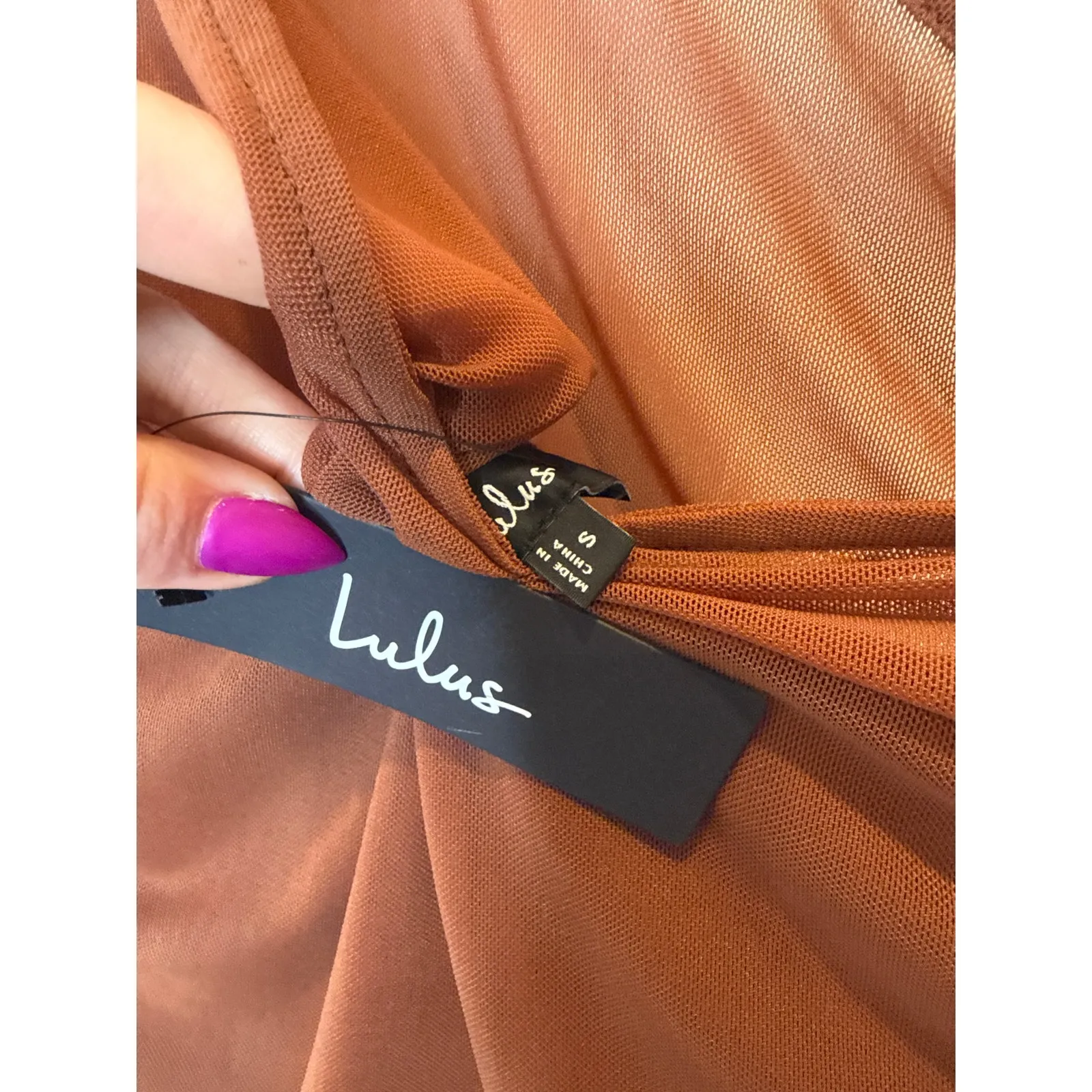 NWT Lulus Kiden Brown Mesh Ruched One-Shoulder Midi Dress Party Neutral Size S - Image 7