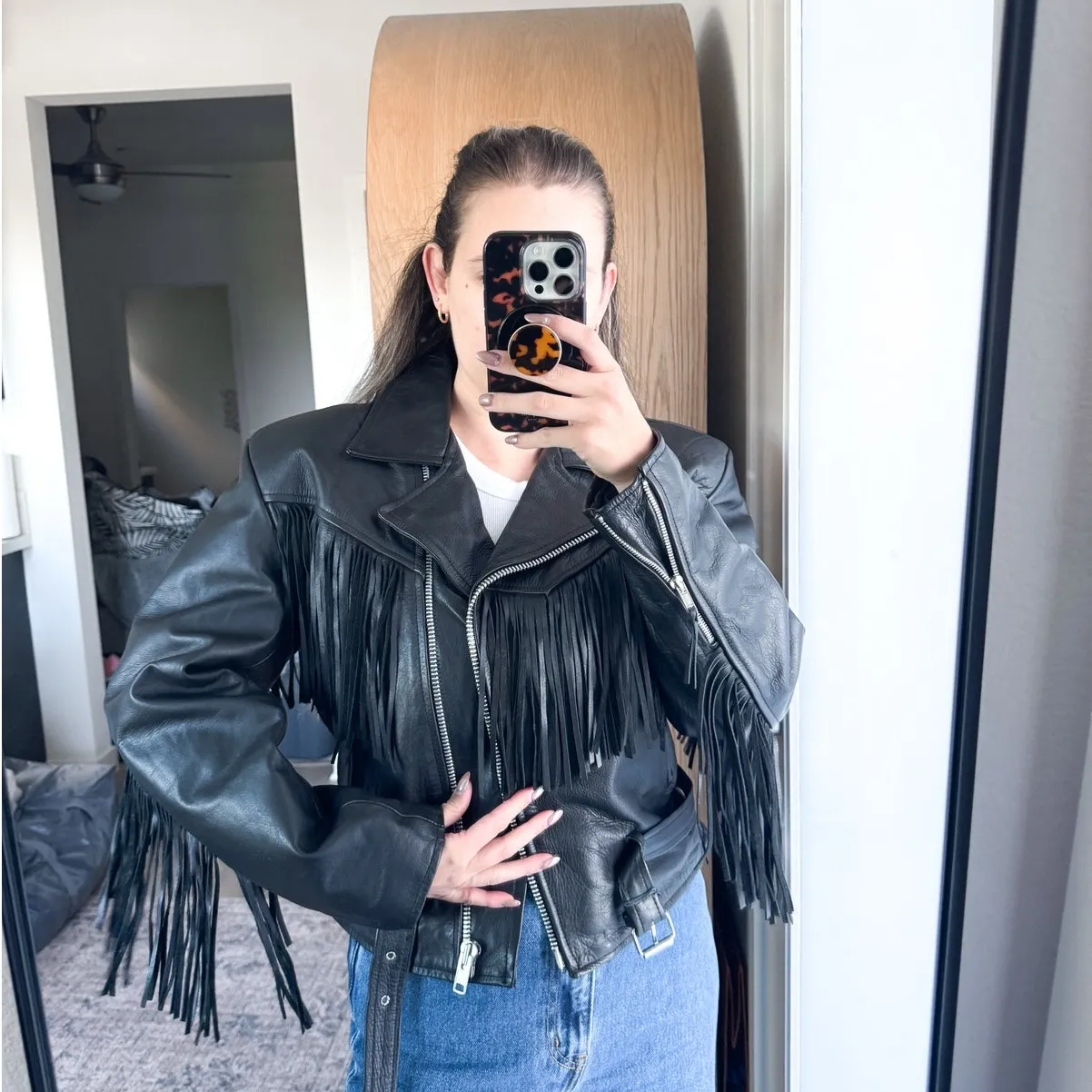 Vintage Hyde Out Leather Black Fringe Leather Jacket Size L - Image 3