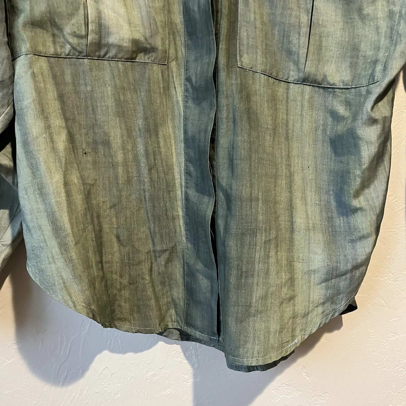 Women Vintage Silk Button Up Shirt Blouse Tie Dye Indie Green Utility Classi - Image 6