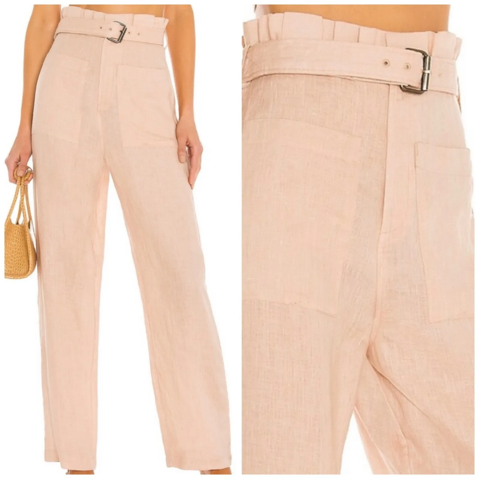 Tularosa Pants Women Small Pink Paloma Linen Belted Paper Bag Wide Leg Preppy - Image 2