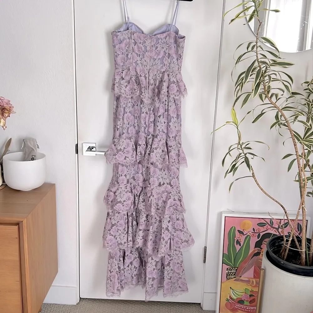 MAJORELLE Zelda Fitz Tiered Lace Dress Gown in Soft Purple Medium $398 - Image 5