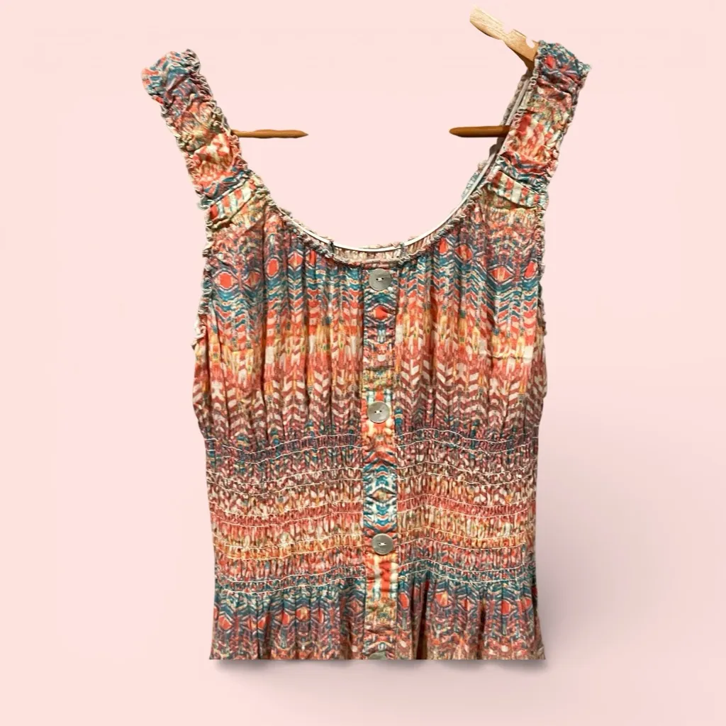 Cute stretchy tiered shell button front maxi dress aztec boho breezy smocked - Image 3