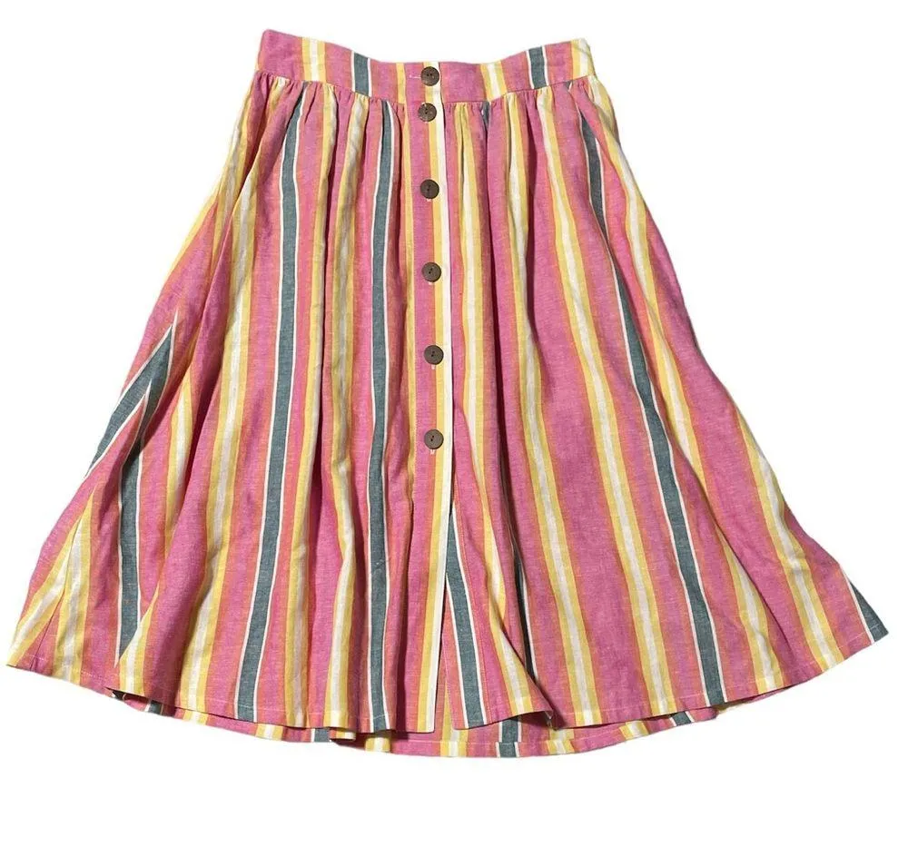 Sunrise stripe A-Line Button-front linen multi colored striped retro midi skirt - Image 3