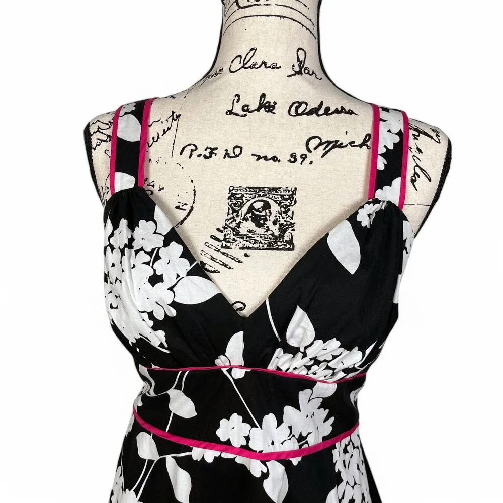 Floral Print Dress Sun Dress with Ruffle Hem Black and White Pink Trim Size 13 - Image 4