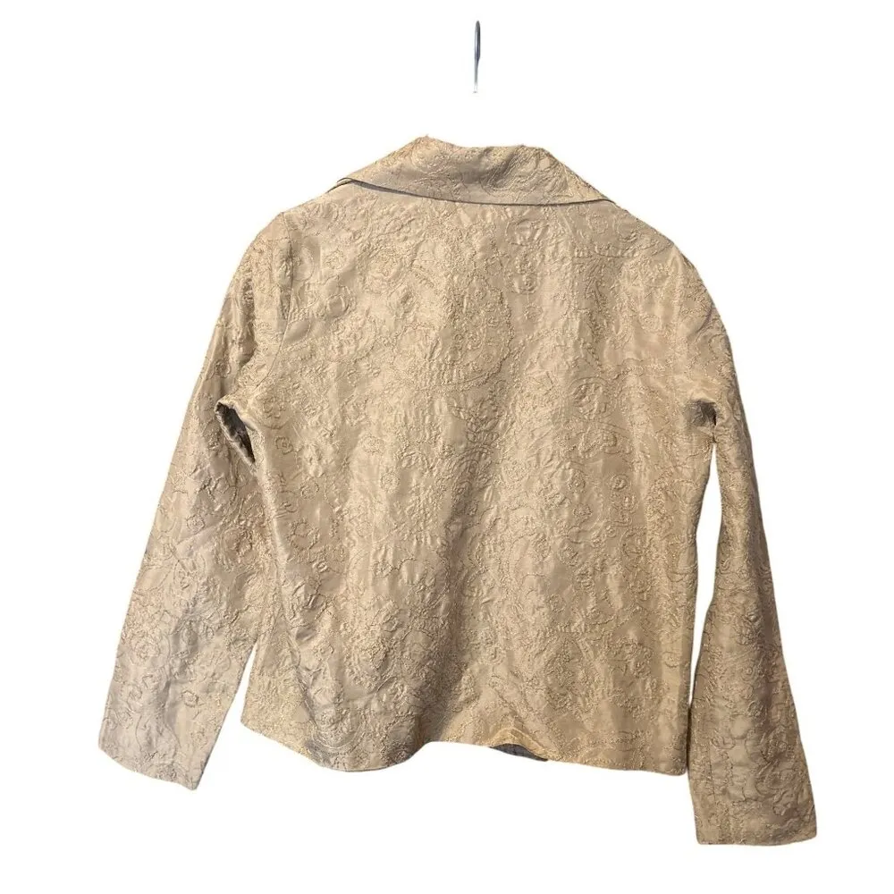 Chico's Embroidered Gold Silk Open Front Jacket Long Sleeves Size 0 Lined VGC - Image 2