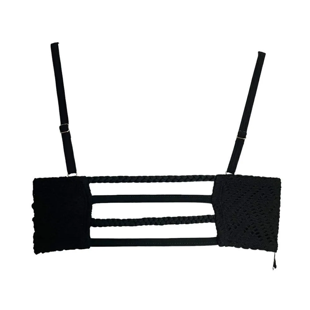 Malibu Lace Ruffle Flounce Flowy Braided Flowy Black Bikini Top M Boho Tribal Size M - Image 6