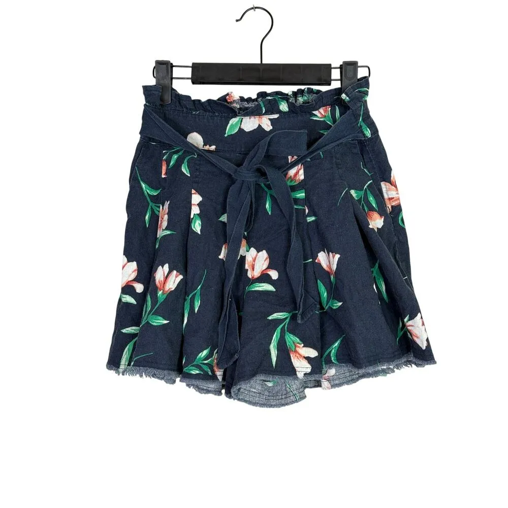 Moon River High Waisted Paperbag Pleated Loose Fit Belted Floral Shorts M Blue Size M - Image 15