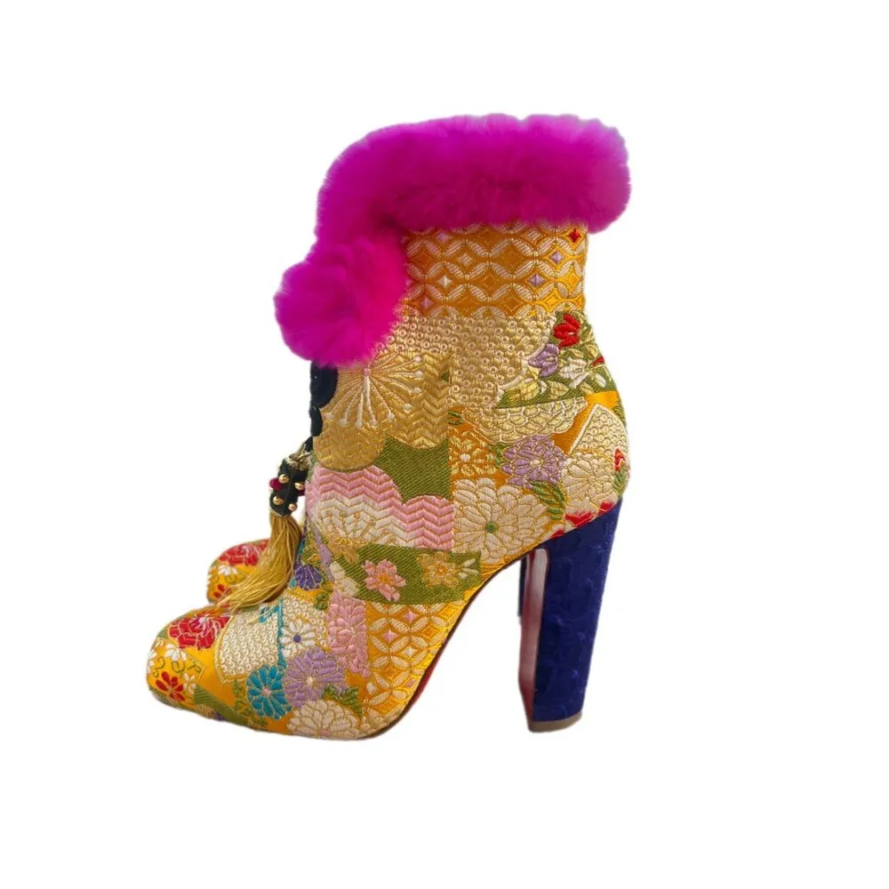 Christian Louboutin May Wong 100 Floral & Rabbit Fur Block Heel Booties - Image 7