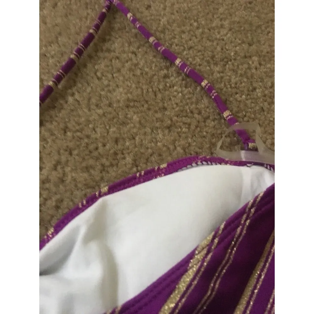 American Eagle Women's Juinors Purple Striped Swim Top Tie Neck Size Large - Image 5