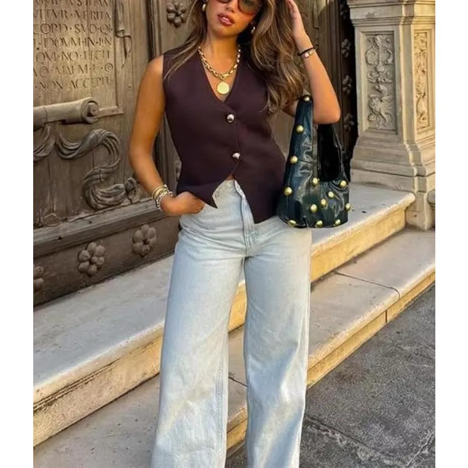 Bailey 44 NWOT True Black Sleeveless Gold Button V-Neck Knit Sweater Vest Medium - Image 2