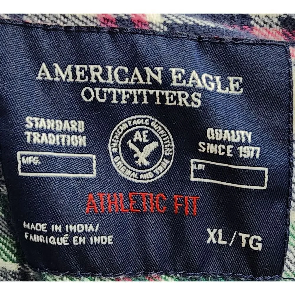 Amercan Eagle Flannel Shirt Plaid Long Sleeve Button Up Casual Comfort Size XL Blue - Image 4