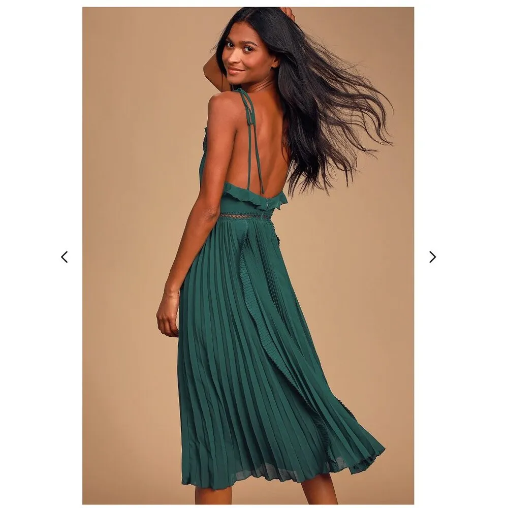 NWT Lulus Never a Dull Moment Emerald Green Tie-Strap Pleated Midi Dress / XS - Image 2