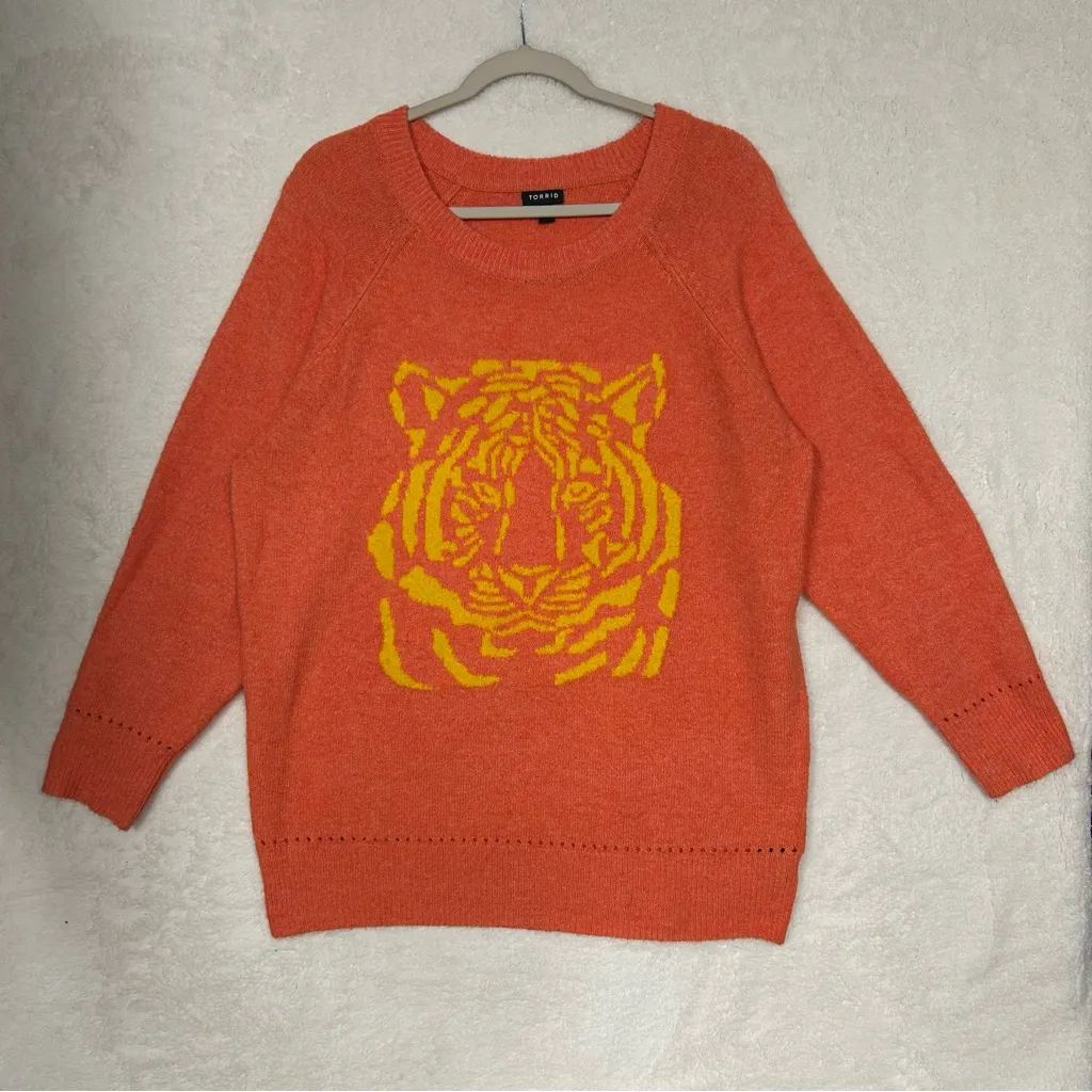 Torrid Sweater 1X Pullover Tiger Print Orange Raglan Crew Top Plus Size Shirt - Image 2