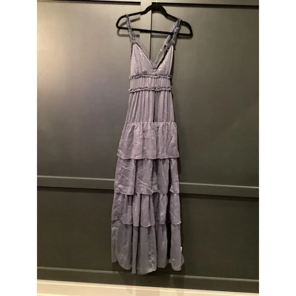 Likely  revolve Athena Maxi tier ruffle shimmer Dress nwt size 2 night shadow - Image 14