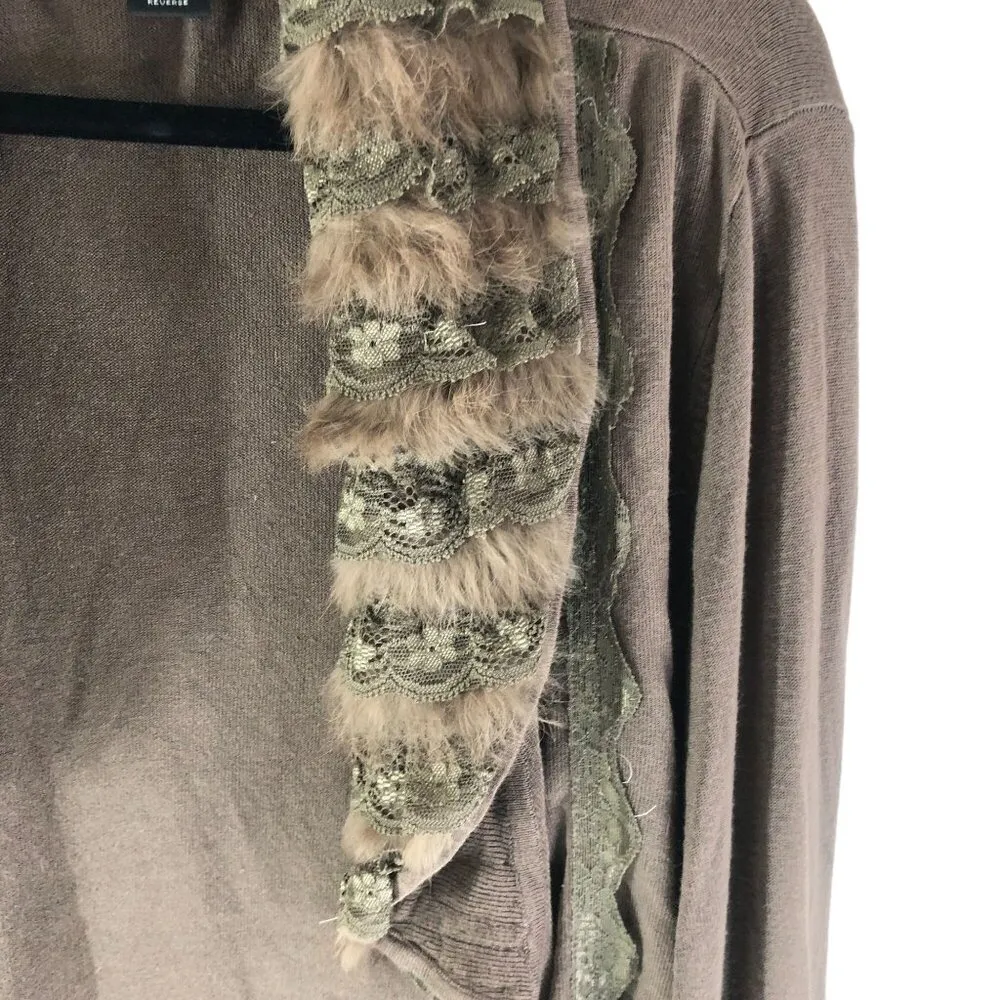 Dolce Cabo Cardigan Sweater Open Front Faux Fur Lace Brown L Size L - Image 2