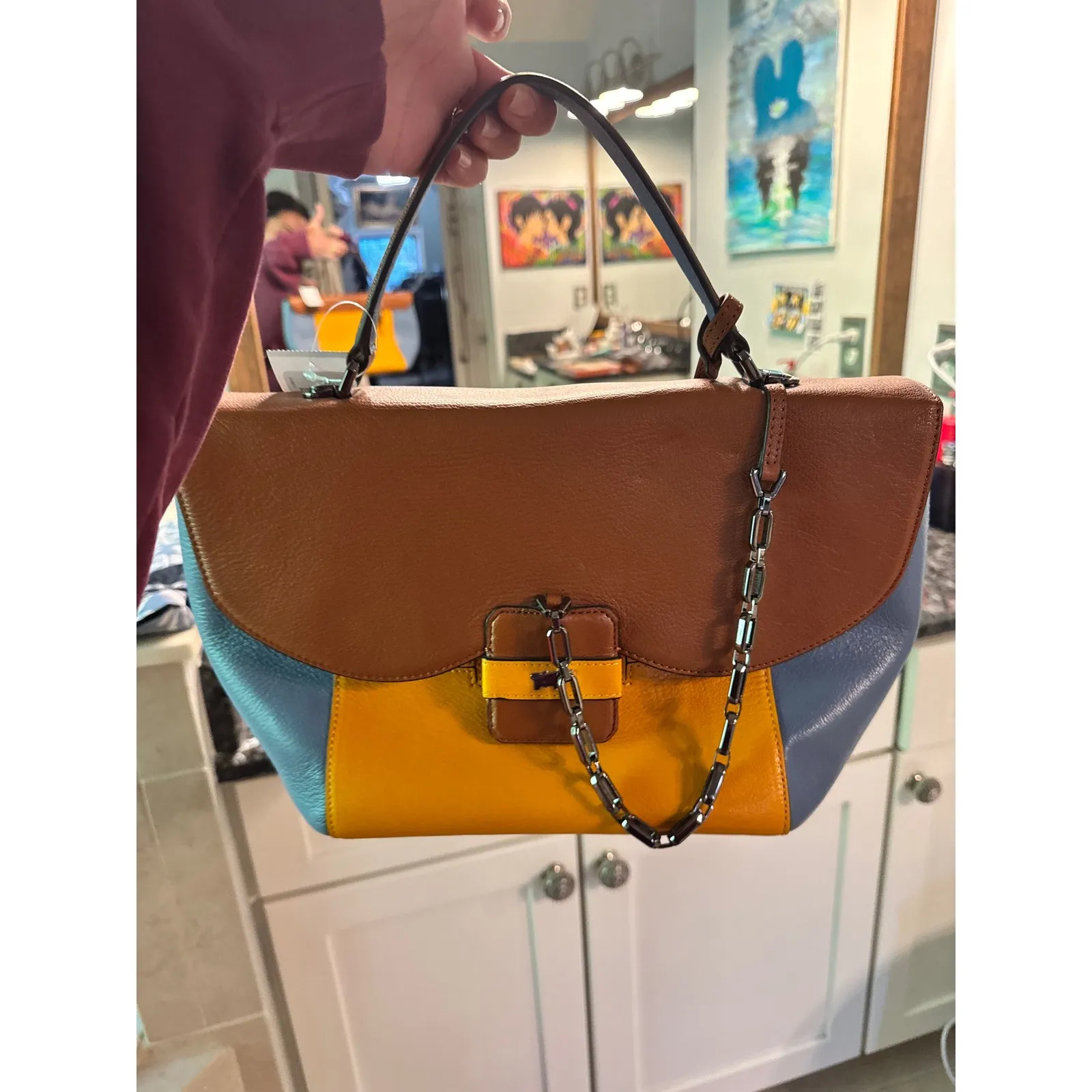 New Braun Buffel Colorblock Leather Satchel Frida Bag Top Handle Chain Accent Blue - Image 12