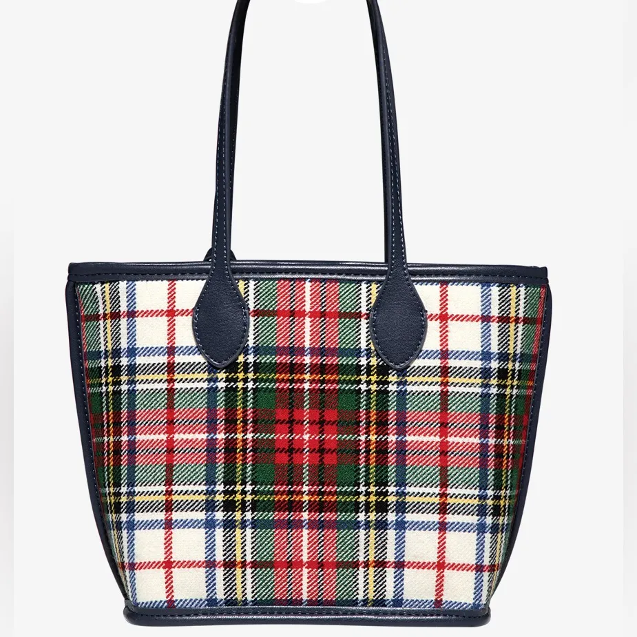 NWT Stoney Clover Lane Little Tote Bag Plaid Faux Leather Trim Tartan blue red - Image 5