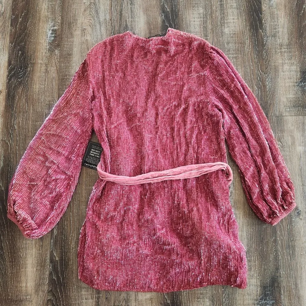 Retrofete Gabrielle Robe Dress Pastel Pink Sequins Size Large NWT Long Sleeve - Image 7