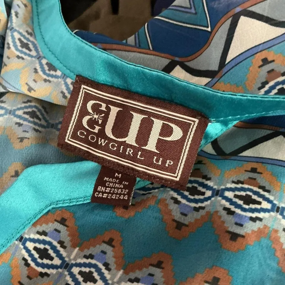 Cowgirl‎ Up Womens Blue Multi Geometric Print Long Sleeve Blouse Top Size M - Image 3