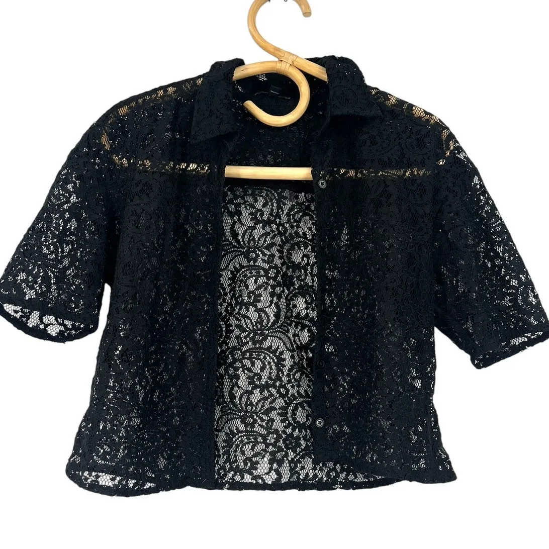 Express | XS| Top Blouse Open Front Jacket Lace Cropped Dark Academia Romantic - Image 2