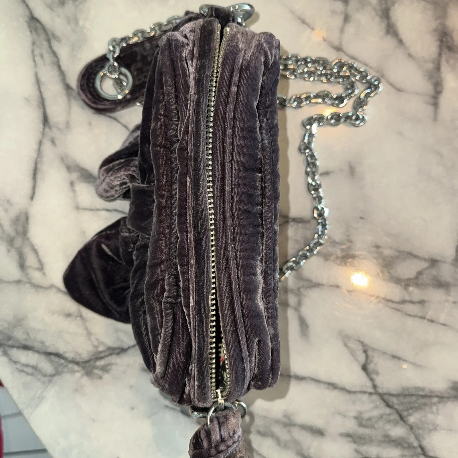 AUTH Y2K Vintage Juicy Couture Velvet Bow Crossbody Shoulder Bag Velour Grey - Image 2