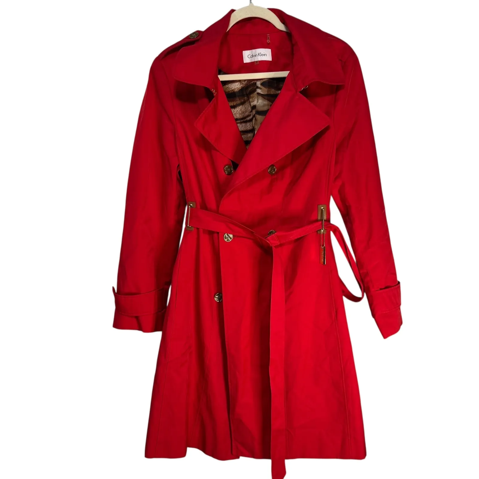 Calvin Klein Women Red Double Breasted Belted Trench Coat XL Vintage - Image 9
