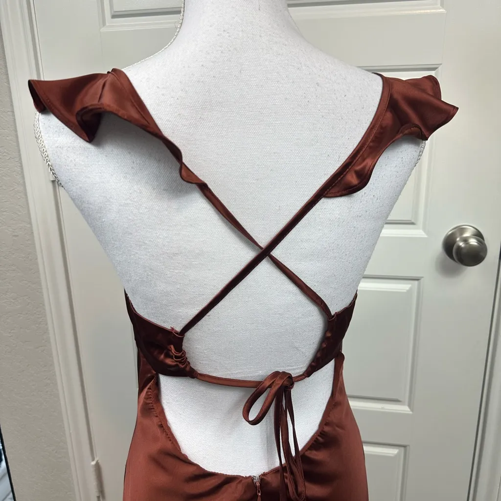 Lulus Exuberant Luxury Rust Classic Satin Ruffled Lace-Up Maxi Dress Size L NWT - Image 4