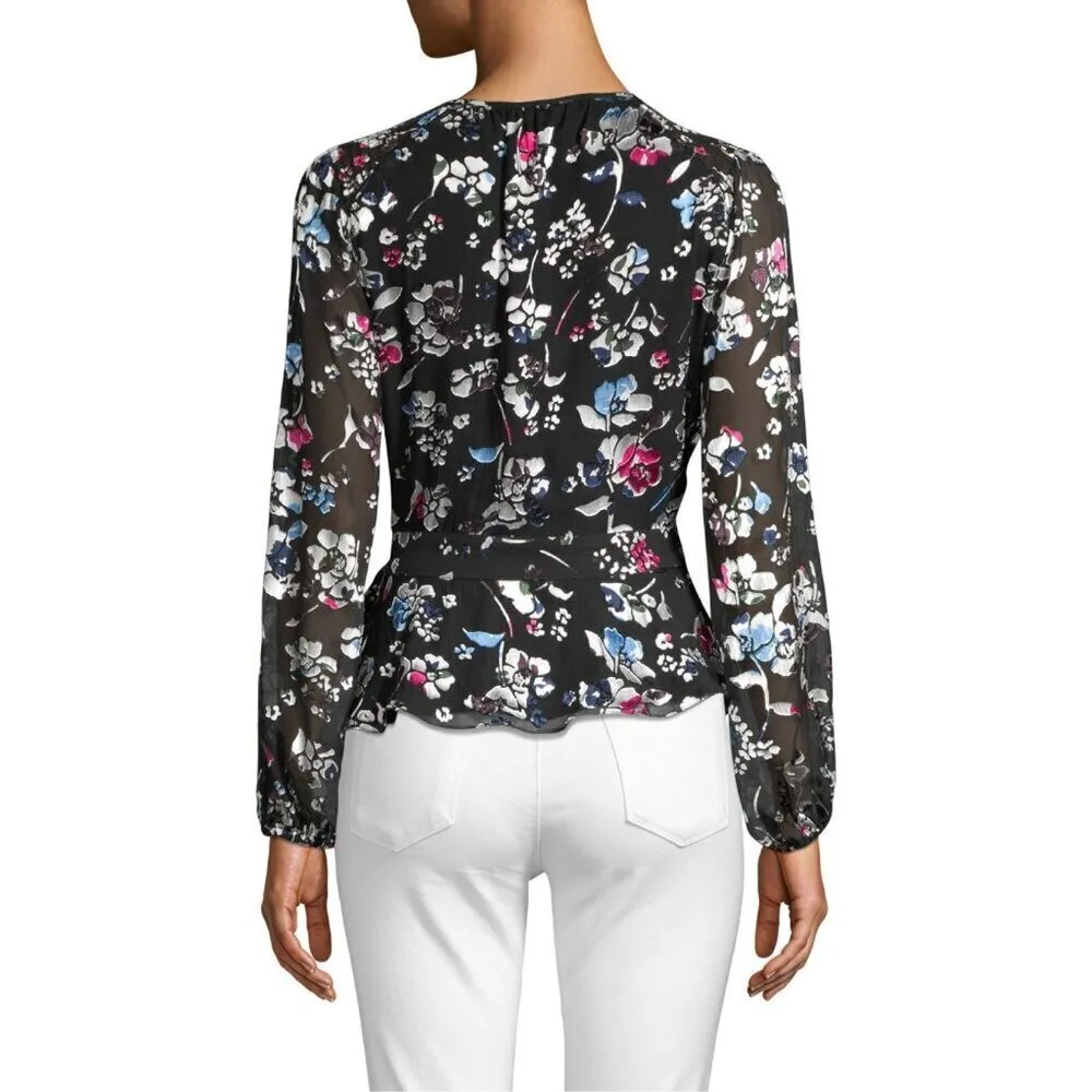 Parker Britta Long Sleeve Wrap Front Tie Blouse in Black Large New Womens Floral - Image 14