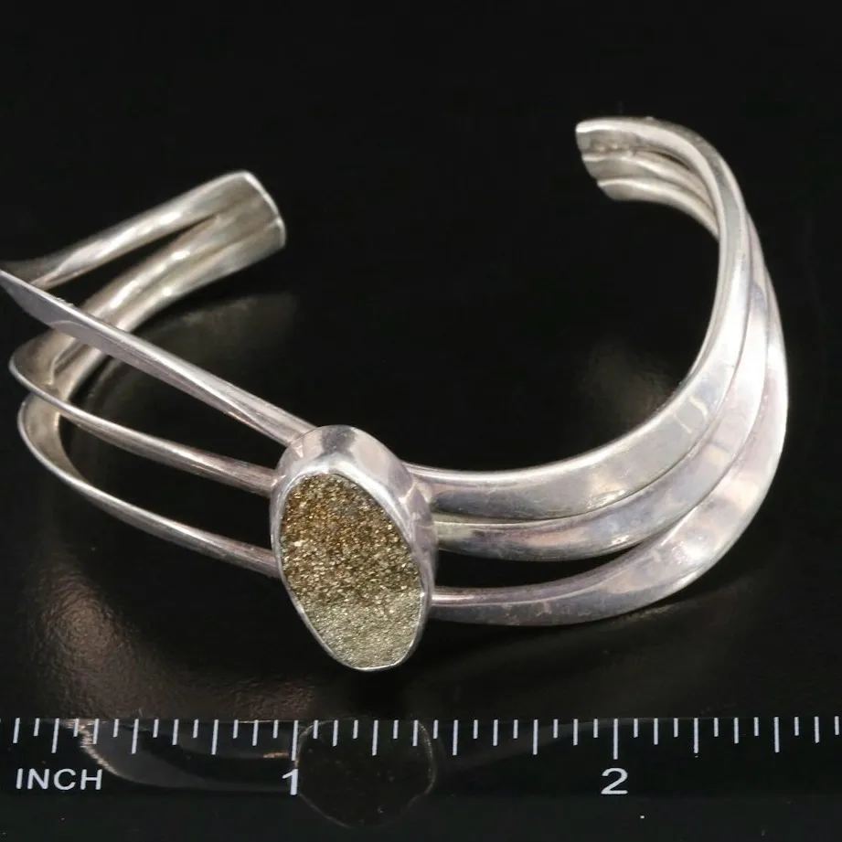 925 STERLING SILVER BANGLE CUFF BRACELET WITH GOLD DRUZY QUARTZ - Image 10