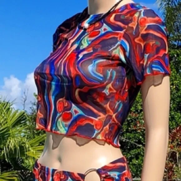Kendall & Kylie Red Spice Black Blue Swirl Abstract Mesh Crop Top L - Image 6