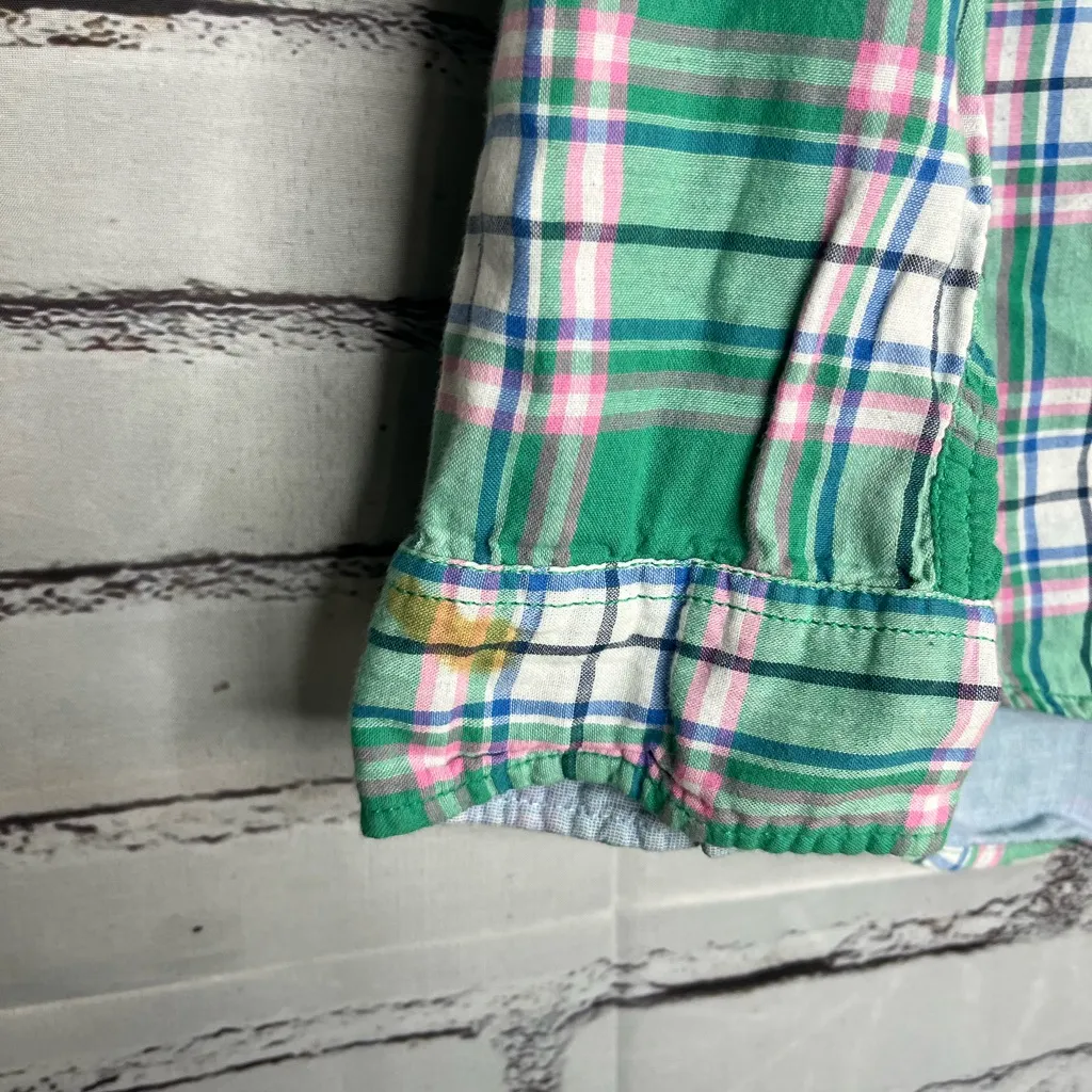 Abercrombie & Fitch Green and White Button Down Plaid Striped Shirt SZ L Collar - Image 8