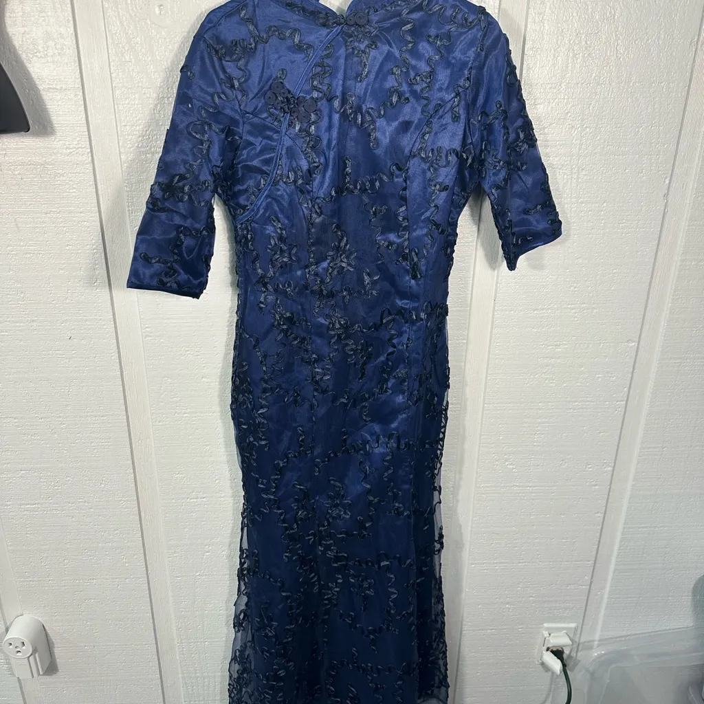 Nature Navy Asian Traditional Style Short Sleeve High Neck Dress Size… Size XL - Image 3