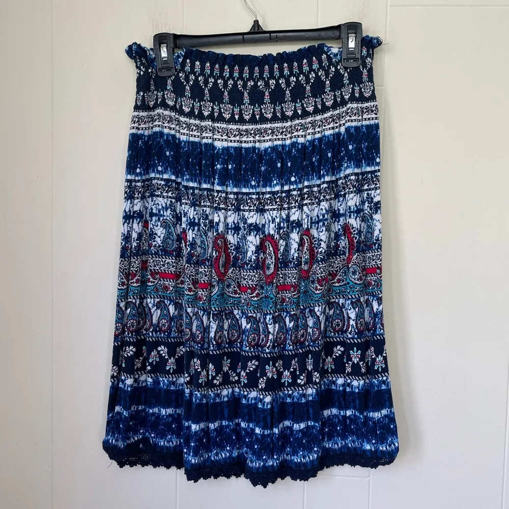 Westport Midi Skirt Boho Hippie Blue Paisley Tie Dye Crochet Trim ~ Size S - Image 2