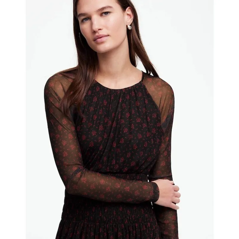 MADEWELL Black Red Smocked Midi Floral Print Sheer Lined Dress size XXL - Image 5