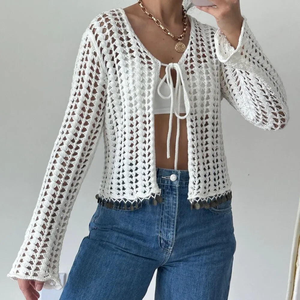 Crochet Cardigan Top Womens S/M White Boho Cottage Festival Coachella Cowgirl Size M - Image 4