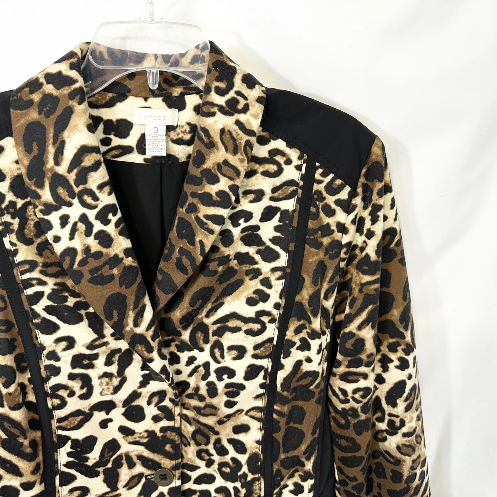 Chico's XL Jacket 3 Leopard Print Black Mixed Media Blazer‎ Mob Wife Career 729 - Image 9