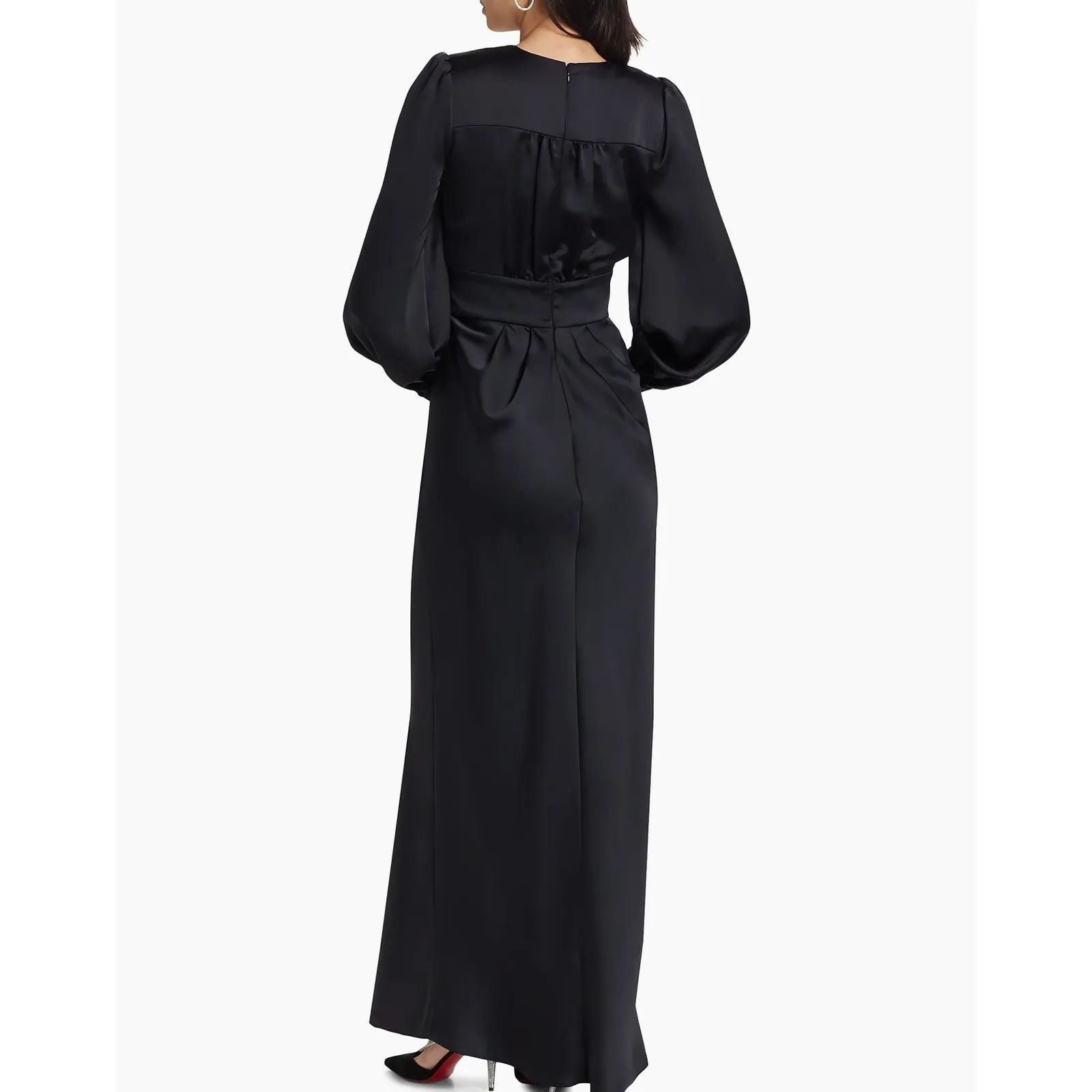 NEW Ramy Brook Madelane Black Satin Plunging Floor-Length Blouson-Sleeve Gown - Image 12