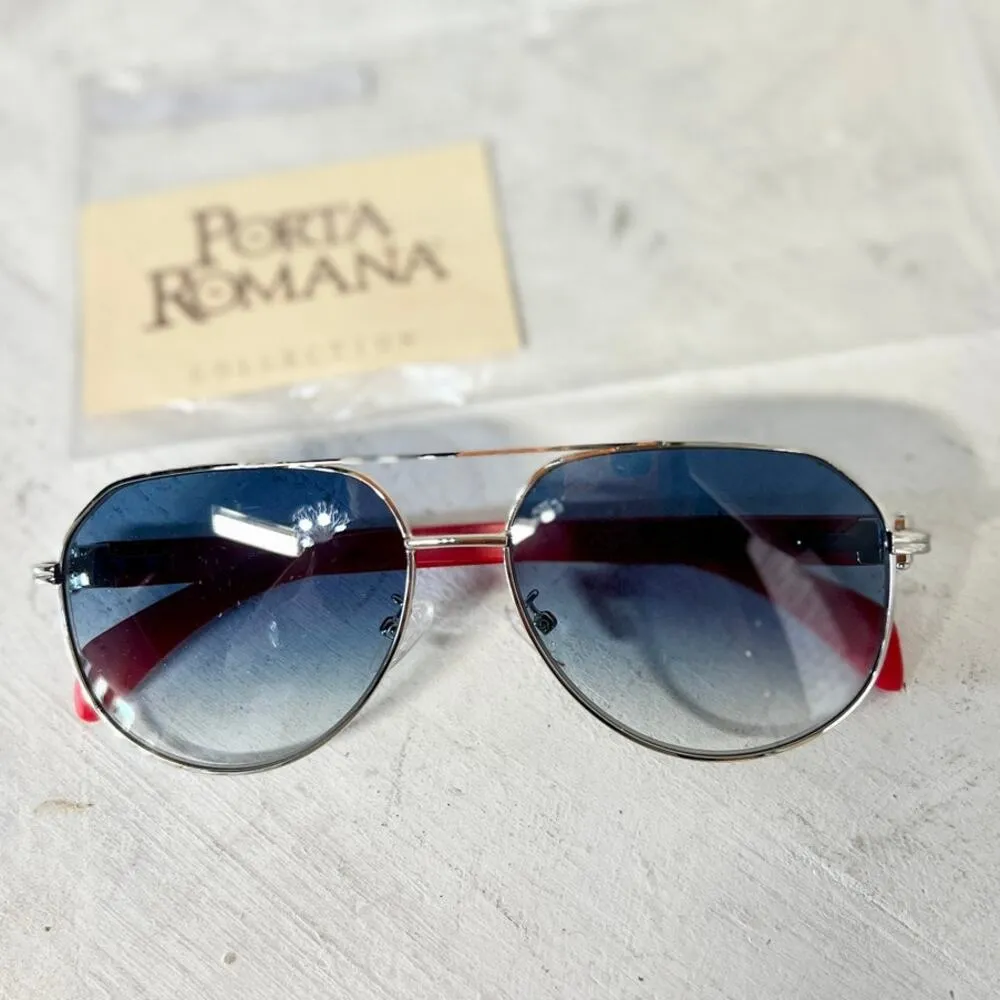 NWT Porta Romana Travel Collection Silver/Red Frame Blue Lens Aviator Sunglasses Silver - Image 2