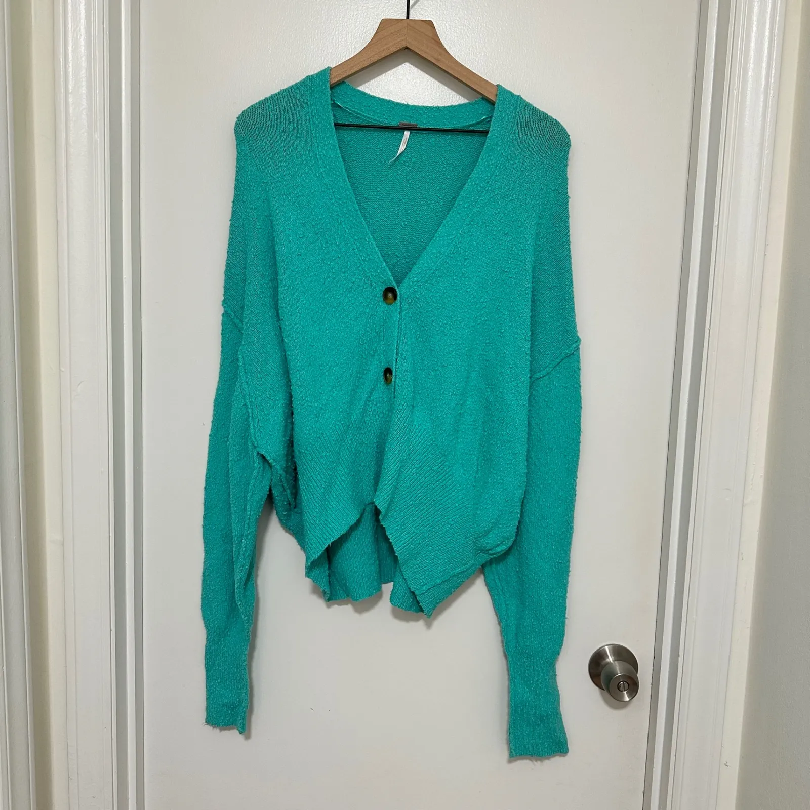 Free People | Found My Friend Turquoise Boucle Textured Knit Cardigan Sweater, M - Image 2