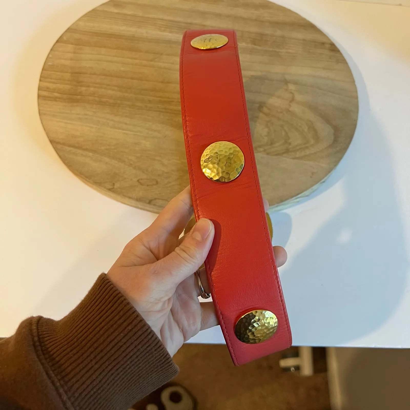 Carlisle Vintage Red Genuine Leather Gold Studded Chunky Buckle Belt Size XS/S - Image 3