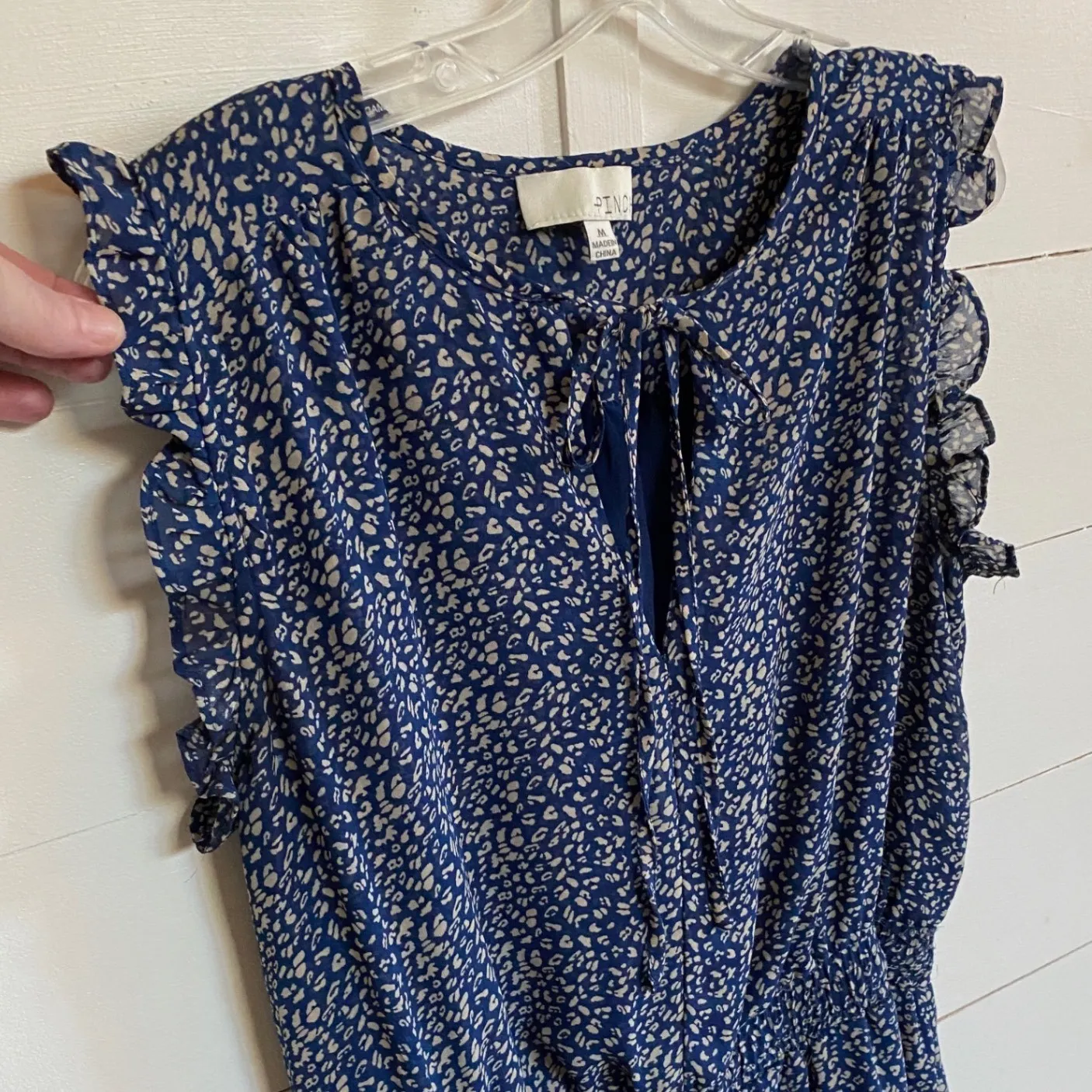 PINCH Tiered Ruffle Floral‎ Blouse Blue & Cream Cap Sleeve Elastic Waist M Size M - Image 7