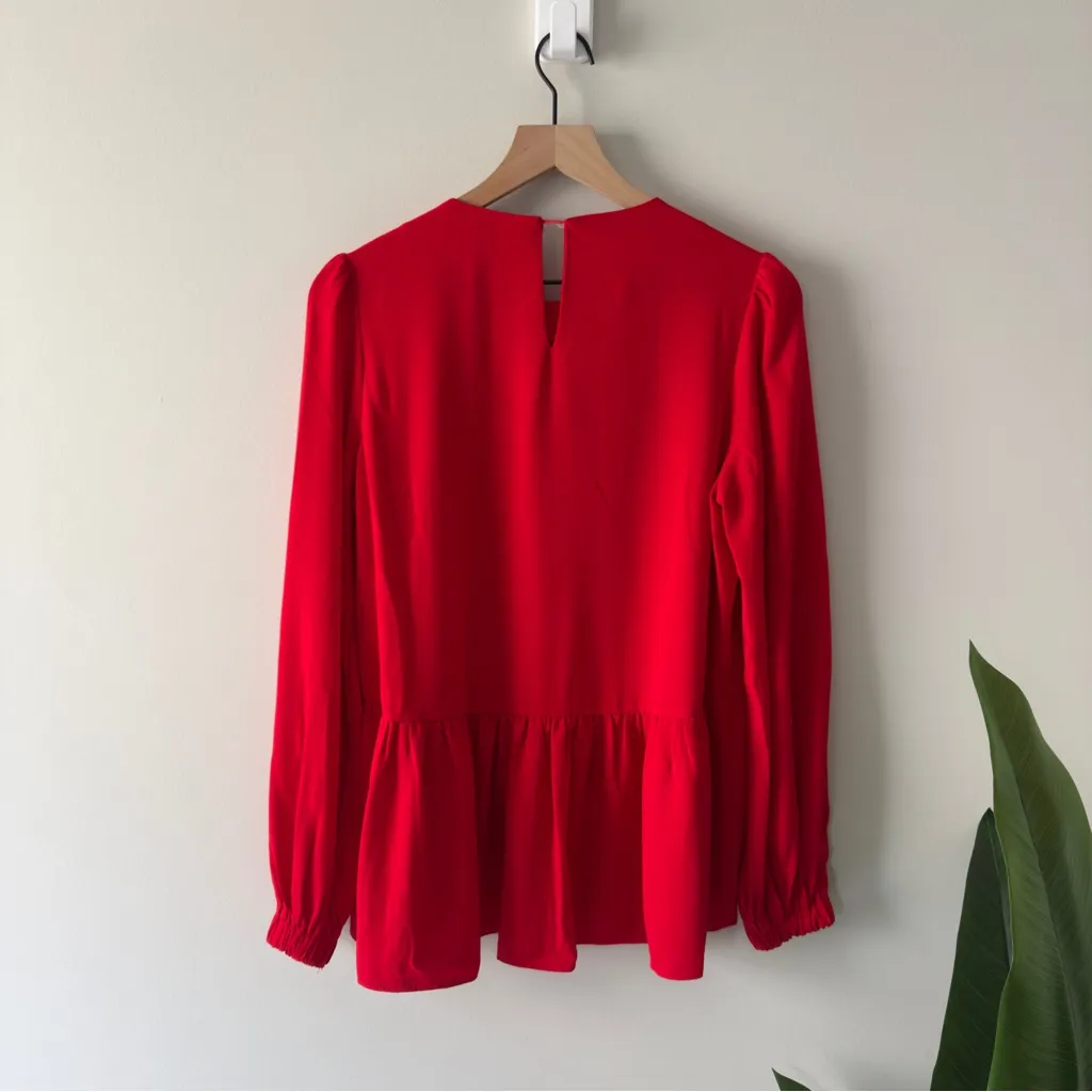 Pomander Place Carlota Peplum Blouse in Red Long Sleeve Top Ruched Flowy Keyhole - Image 5