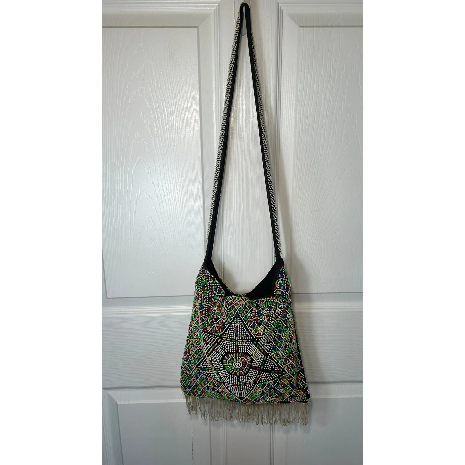 Vintage Boho Beaded Shoulder Bag Multi Color Flower 70's Fringe Festival Bag Black - Image 3