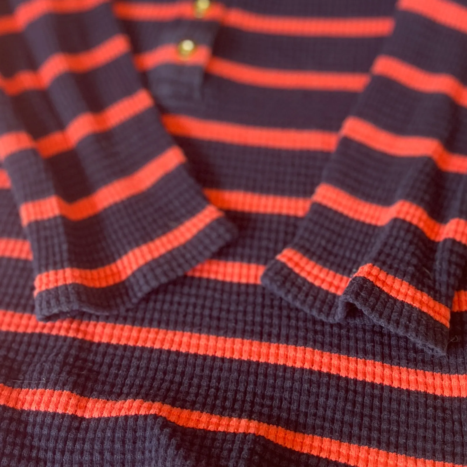 J Crew | Waffle Knit Navy Orange Stripe Long Sleeve Henley Top | Women's Size S Blue - Image 7