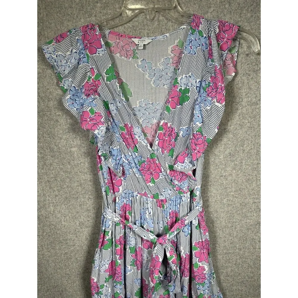 Crown & Ivy Midi Dress Size 2 Womens Floral Pink Blue Striped Frilly Ruffle - Image 6