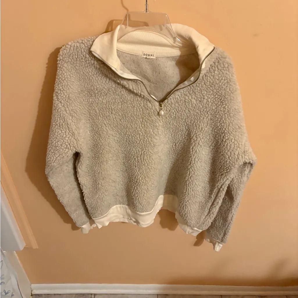 DONNI. Cream Quarter Zip Sherpa Pullover Size L - Image 2